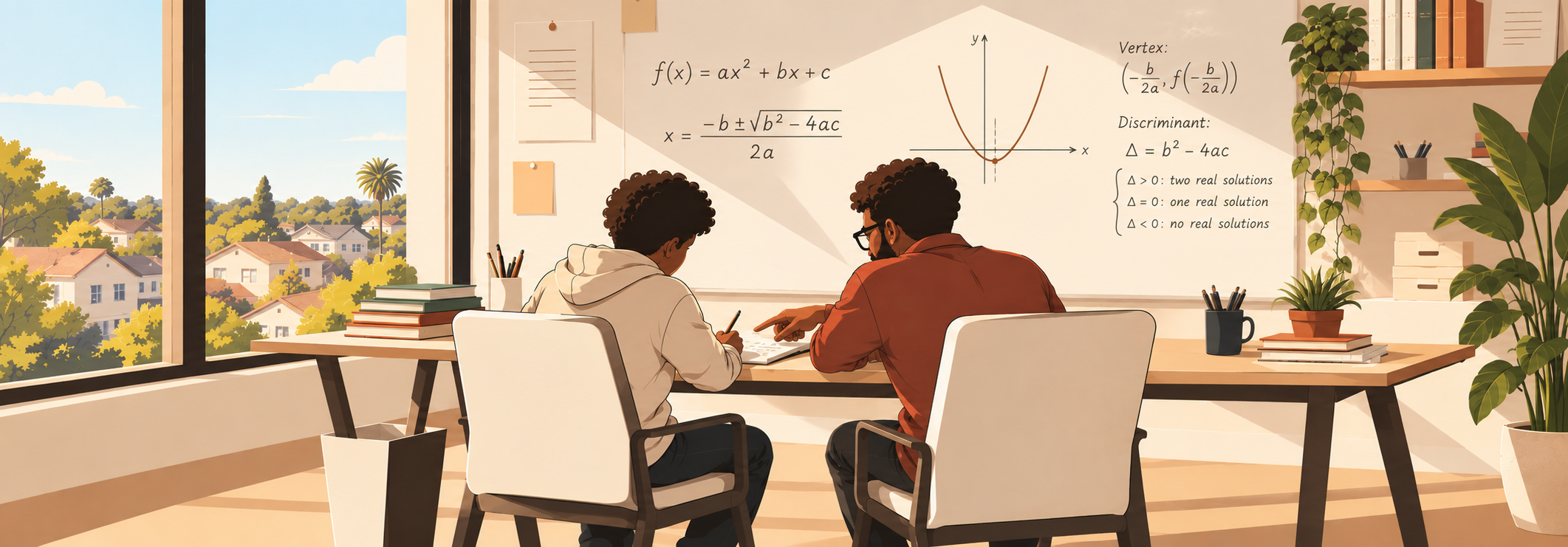 A tutor and a student sit side by side at a desk, working through a quadratic on the whiteboard in front of them.